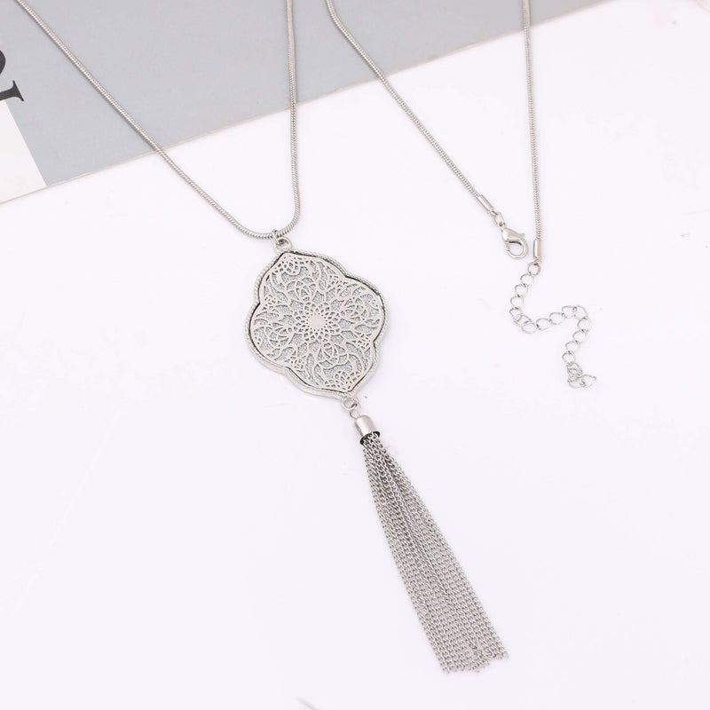MOLOCH Long Necklaces For Woman Disk Circle Pendant Necklaces Tassel Fringe Y Necklace Set Statement Pendant (quatrefoil-shaped-silver) - Image 5